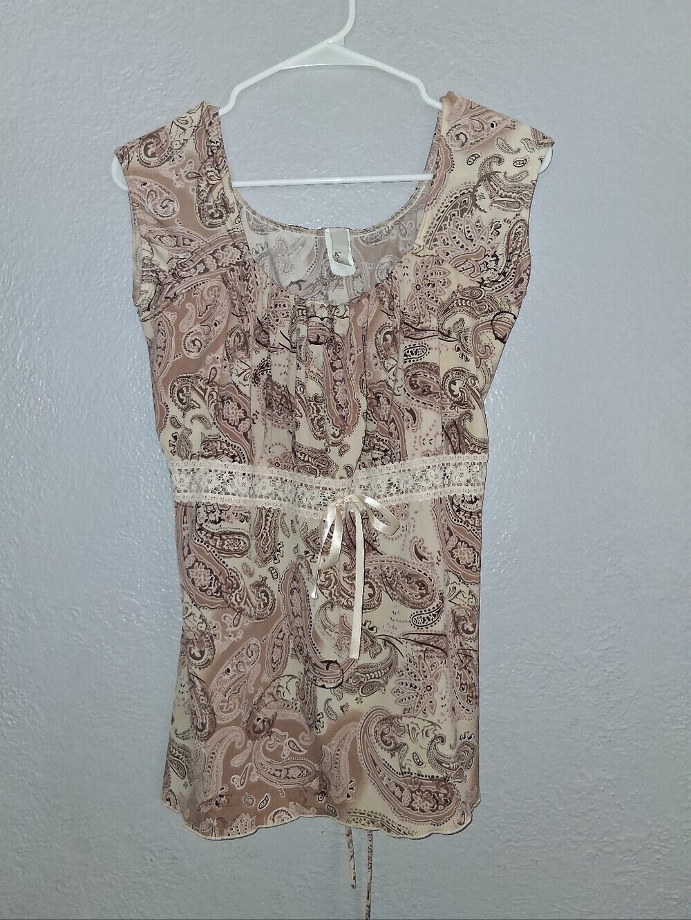 Y2K Vintage Kiwi Paisley Babydoll Brown Tan Short Sleeve Blouse Top 1X.